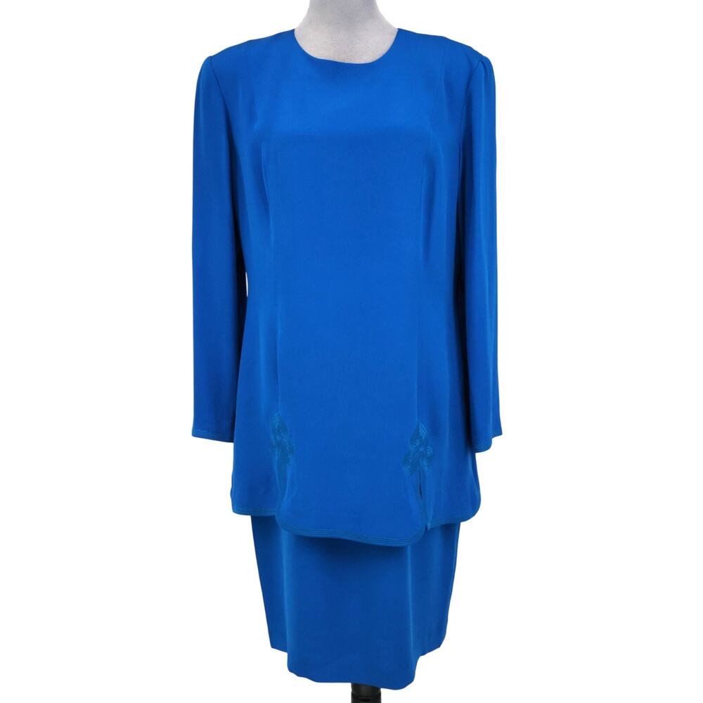 Adrianna Papell Dress Womens 12 Silk Blue Lined Attached Skirt Shoulder Pads Vtg
